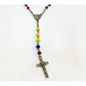 Vintage Rosary St Benedict and Lady of My Guadelupe Red Blue Yellow Beads